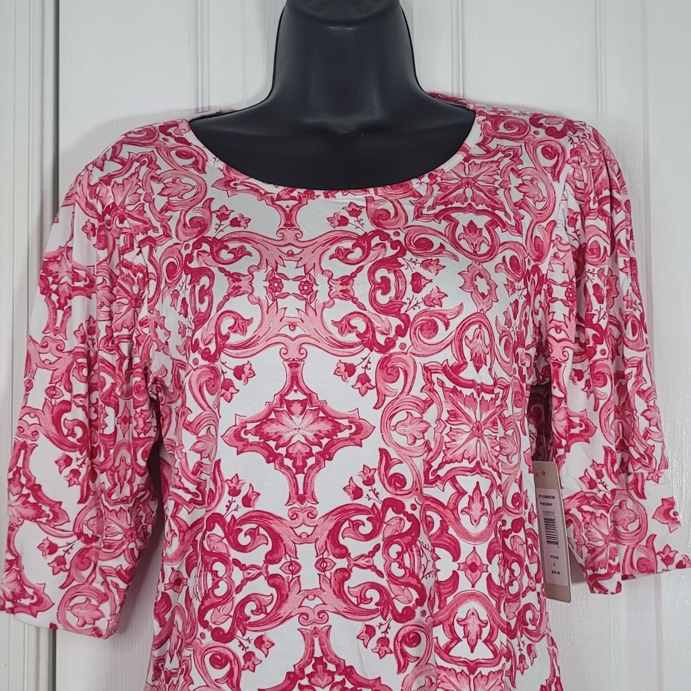 Sunny Leigh Women's Pink Patterned Top Puff Sleeves - Picture 6 of 11